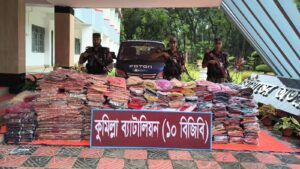 Indian sarees, blouses, and maxis worth approximately Tk 75 lakh, along with a vehicle, seized during a BGB operation at the Comilla border.